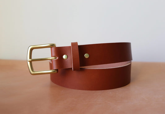 1.25" Vachetta Leather Belt - Cognac, Natural Brass