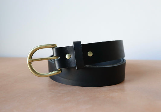 1.125" Vachetta Leather Belt - Black, Natural Brass